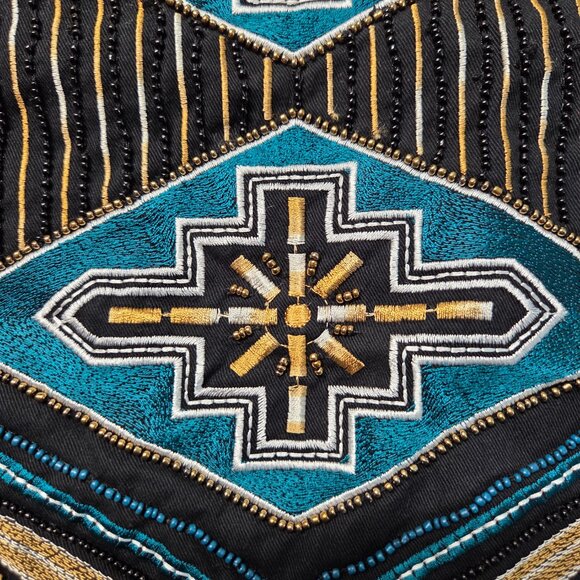 H&M Size 4 Black Teal Gold Beaded Embroidered Raw Tassel Hem Zip Mini Skirt - Picture 4 of 9